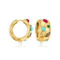 Gold-plated hoop earrings with multicolored simulated gemstones, gold-toned hoops