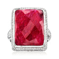 Sterling silver ruby square gemstone ring with braided halo and cushion bezel