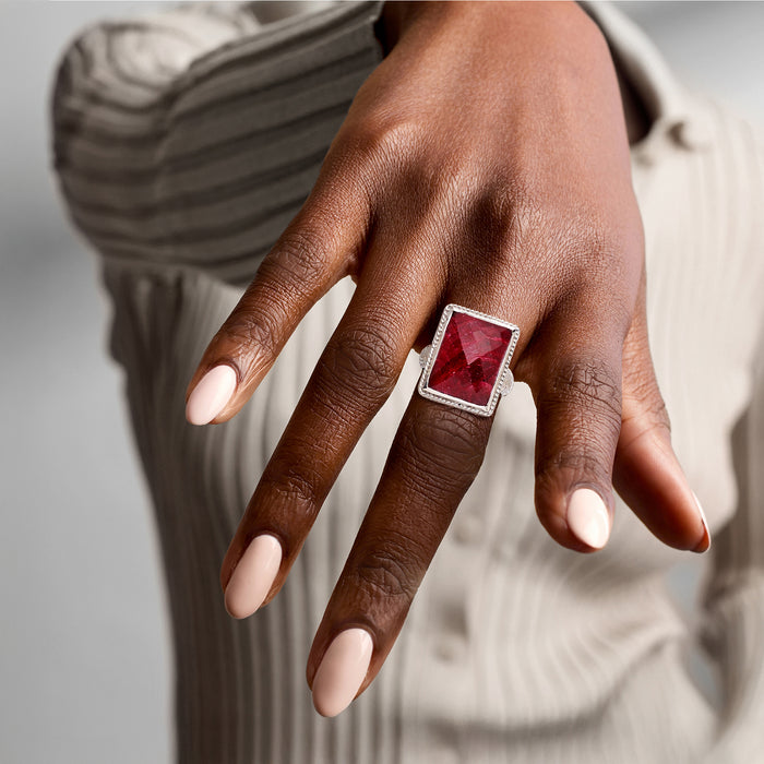 Ruby square ring in sterling silver worn on finger