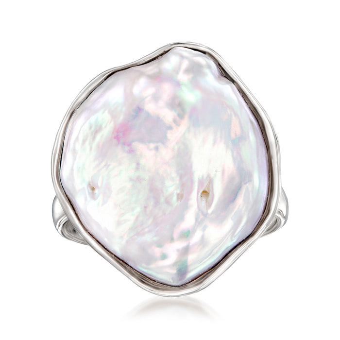 Sterling silver keshi pearl ring with large iridescent white irregular pearl top