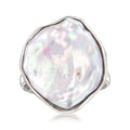Sterling silver keshi pearl ring with large iridescent white irregular pearl top