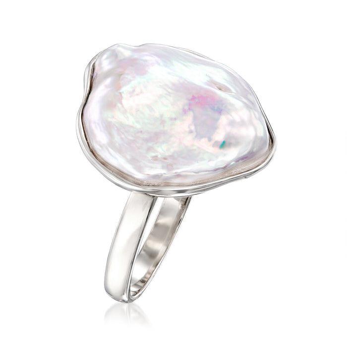 Sterling silver keshi pearl ring with irregular white iridescent pearl and slim band