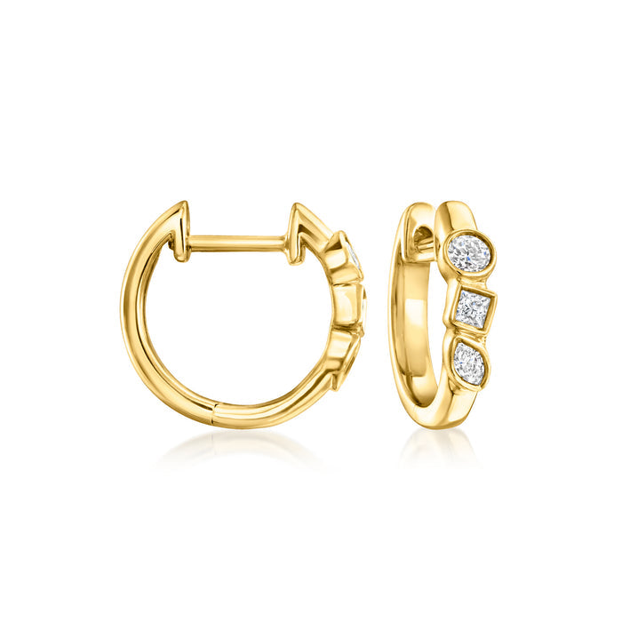 Gold hoop earrings with round diamond accents, hinged posts and latch backs.