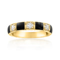 Gold-tone ring with black enamel pattern panels and four round diamond accents