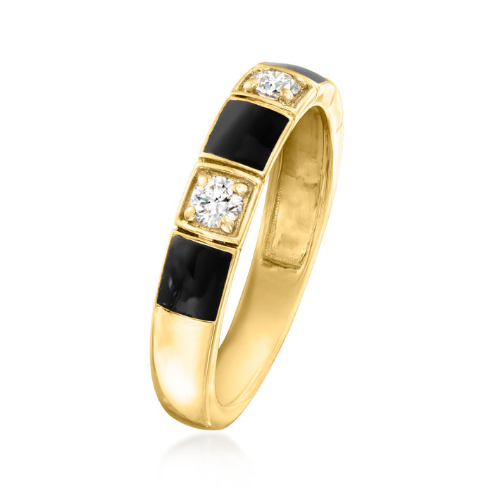 Gold-tone bezel ring with black enamel blocks and round diamond stones, side view