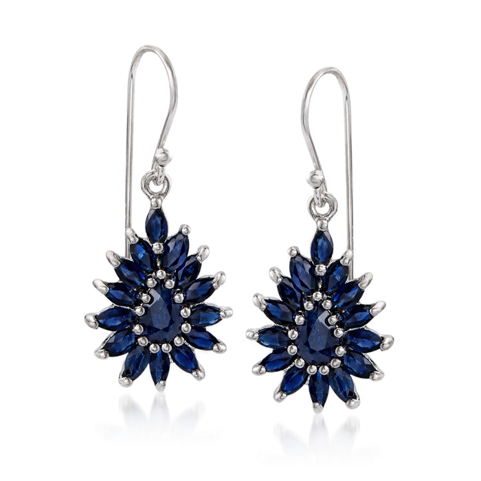 Sterling silver sapphire cluster drop earrings with blue stone flower, earwires