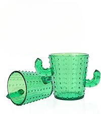 Side view of green plastic cactus shot glasses showcasing cactus arms and dotted texture on white background