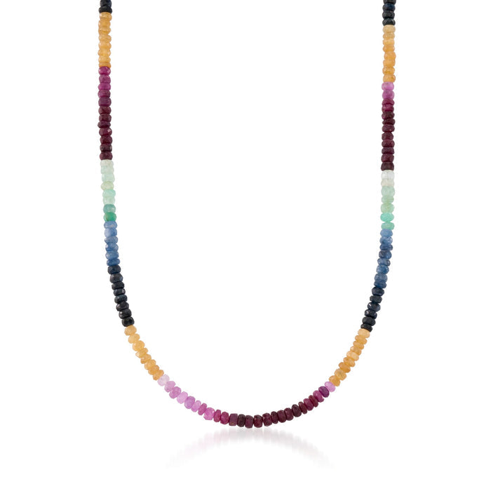 Multicolored sapphire bead necklace with small round beads, sterling silver clasp