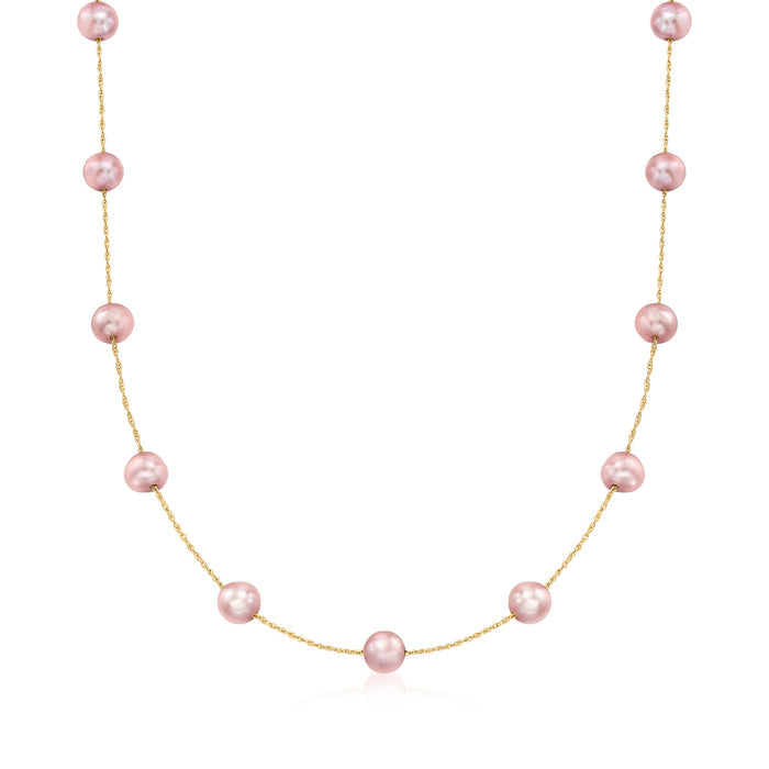 Pink cultured pearl station necklace with 14kt yellow gold chain and round pearls
