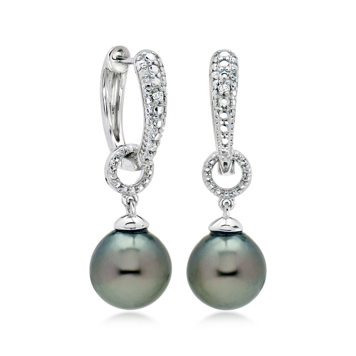 Sterling silver hoop drop earrings with pave diamond accents and dark Tahitian pearl drops