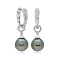 Sterling silver hoop drop earrings with pave diamond accents and dark Tahitian pearl drops