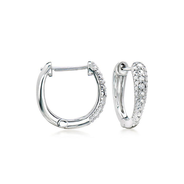 Silver hoop earrings with diamond-studded frame and hanging dark Tahitian pearl
