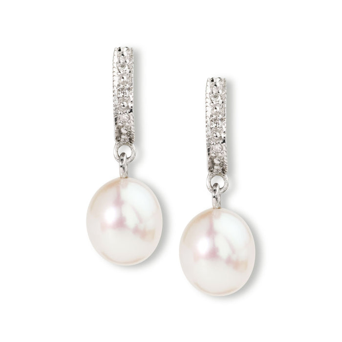 Cultured pearl drop earrings with diamond bars in sterling silver