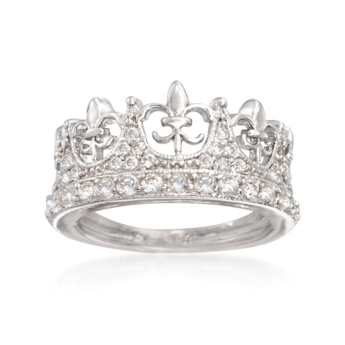 Sterling silver fleur-de-lis crown ring with CZ stones