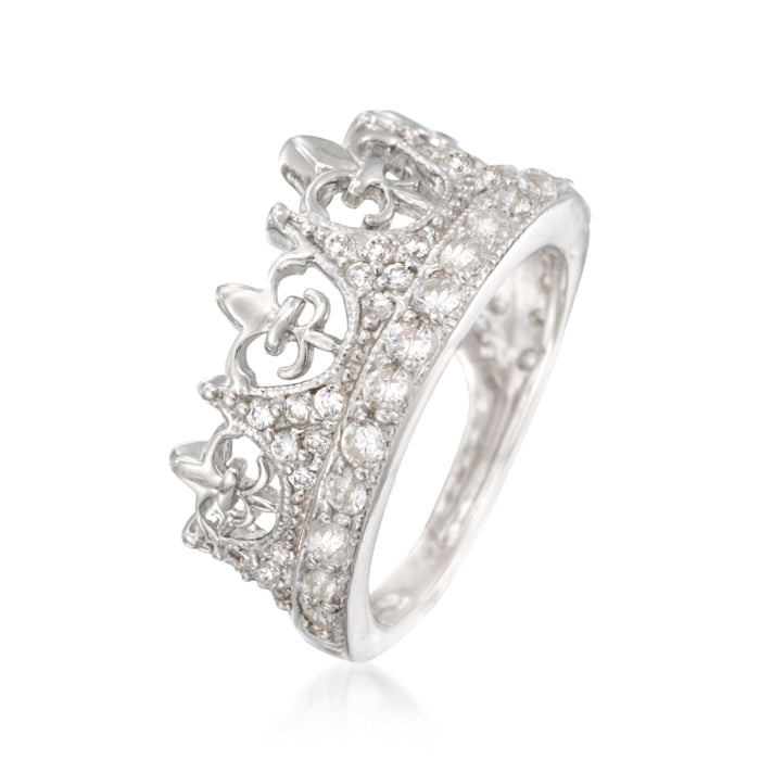 Sterling silver CZ crown ring, angled view showing raised fleur-de-lis centerpiece