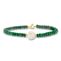 Green bead bracelet with white pearl centerpiece and yellow gold clasp