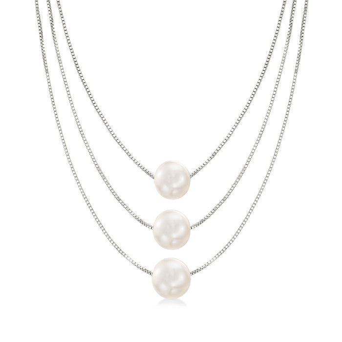 Three-strand layered pearl necklace with round white cultured pearls, sterling silver