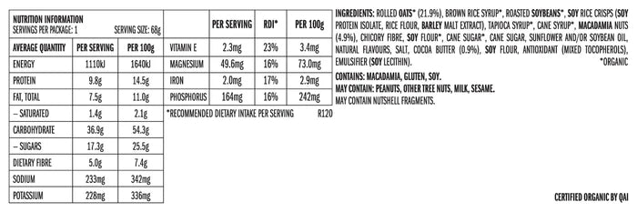 CLIF White Chocolate Macadamia Nut 68g nutrition and ingredients