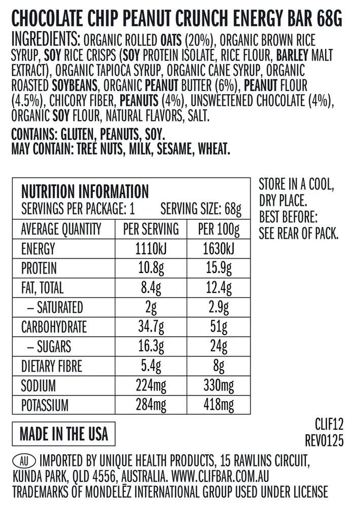 CLIF Chocolate Chip Peanut Crunch 68g nutrition and ingredients