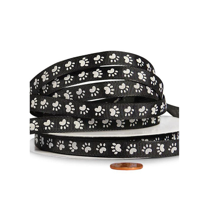 Black Paw Print Ribbon | Narrow Paw Ribbon | Black and White Paw Print Grosgrain Ribbon - 3/8in. x 25 Yds (pm5819320)