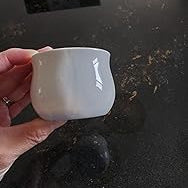 A hand holds a ceramic flower pot with drainage and bamboo tray, perfect for cactus or succulents, above a dark countertop.
