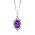 Sterling silver pendant necklace with oval amethyst CZ halo and link chain