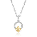 Sterling silver necklace with round pendant, yellow-gold fleur-de-lis, diamond accents