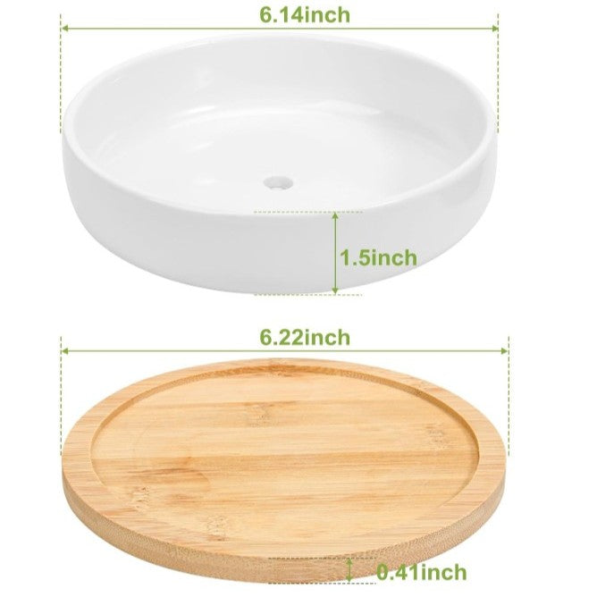Circular shallow succulent and cactus planter resting on a bamboo drainage tray, shown with green dashed measurement lines.