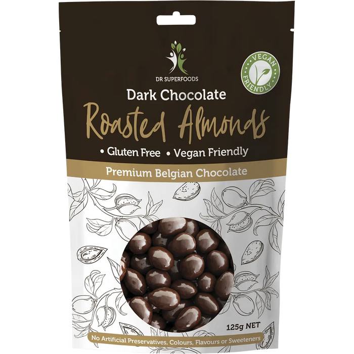 Dr Superfoods Roasted Almonds Dark Chocolate 125g — front pack image (UHP)