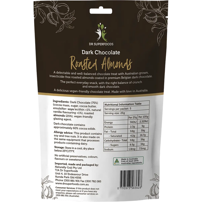 Dr Superfoods Roasted Almonds Dark Chocolate 125g — back pack image (UHP)