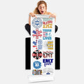 Person holding EMT Emergency Medical Technician DTF gang sheet with 12 professional medical service transfer designs
