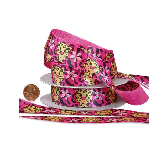 Girls Birthday Ribbon | Kids Themed Ribbon | Hot Pink Aloha Leopard Satin Ribbon - 7/8in. x 10 Yds (pm58226701)