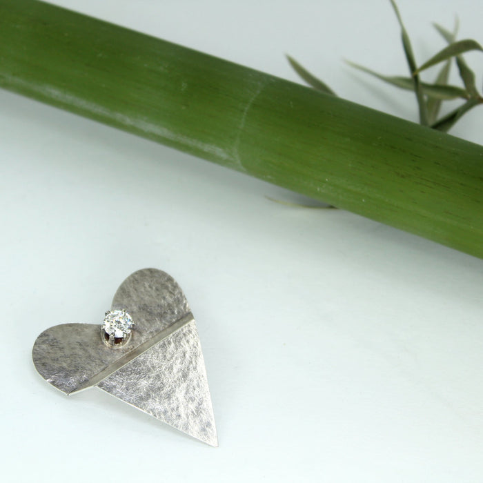 Hammered Silver Big CZ Heart Pin Artisan OOAK