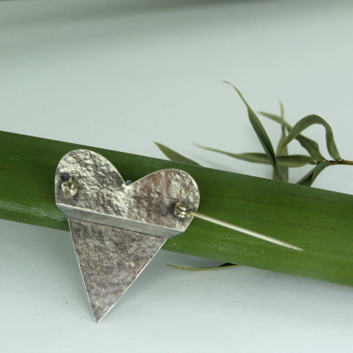 Hammered Silver Big CZ Heart Pin Artisan OOAK reverse of pin