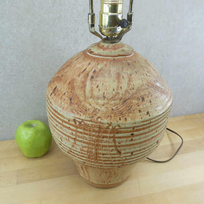 Hyalyn Brown Incised Stoneware Pottery Table Lamp Handmade Vintage MCM