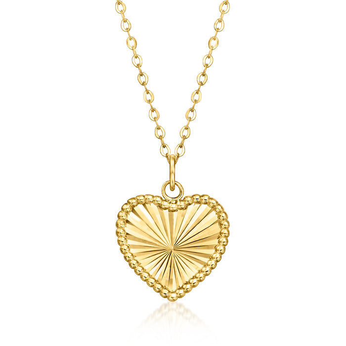 Yellow gold heart sunburst pendant necklace with linked bead chain