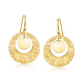 Gold textured circle drop earrings with smooth center, earwire hooks.