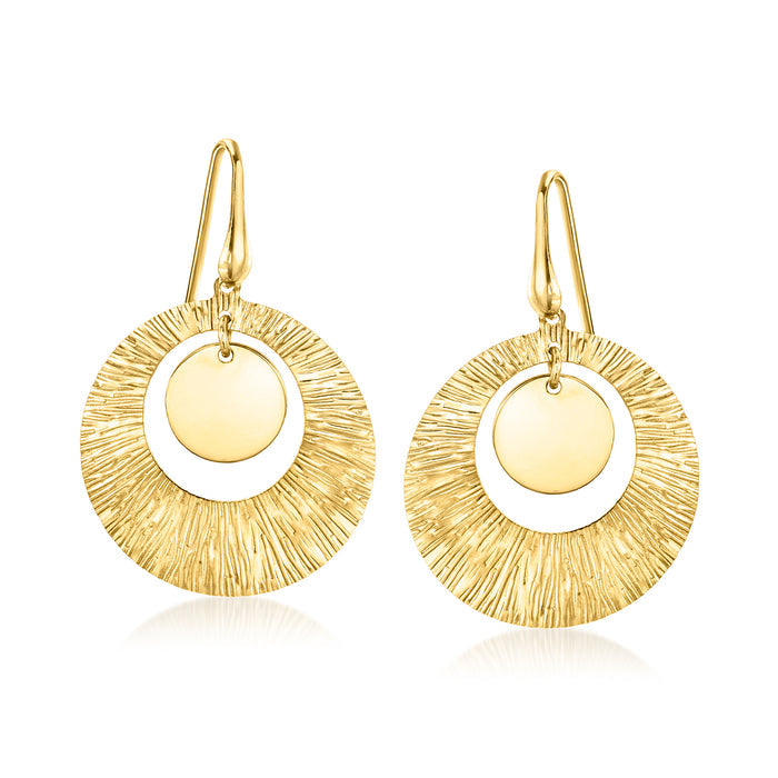 Gold textured circle drop earrings with smooth center, earwire hooks.