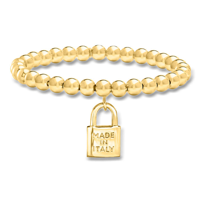 Gold over sterling bead stretch bracelet with padlock charm, “Made in Italy” engraving