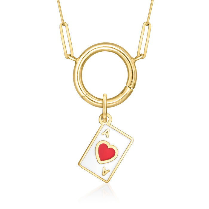 Yellow gold chain with open circle link and ace of hearts card charm pendant
