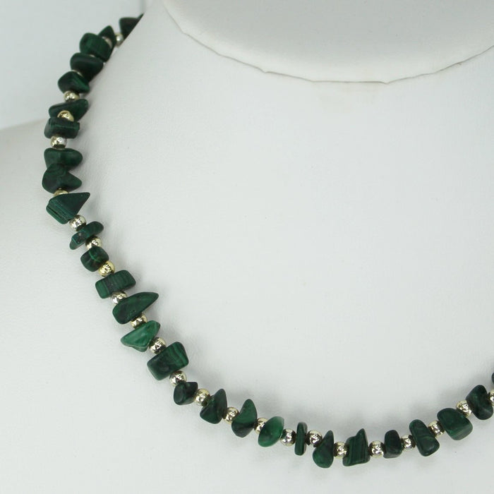 Malachite Chip Silver Bead Necklace closeup of beads