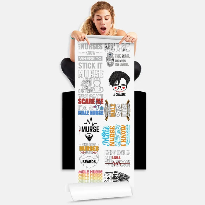 Person holding male nurse DTF gang sheet with 12 healthcare professional designs ready for heat press application