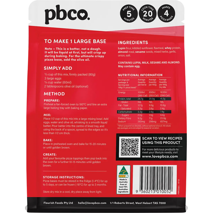 PBCO Protein Pizza Base 320g — back pack image (UHP)
