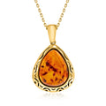 Amber pear-shaped pendant necklace with gold over sterling teardrop setting