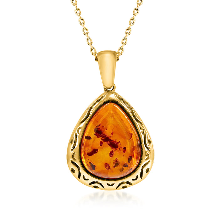 Amber pear-shaped pendant necklace with gold over sterling teardrop setting