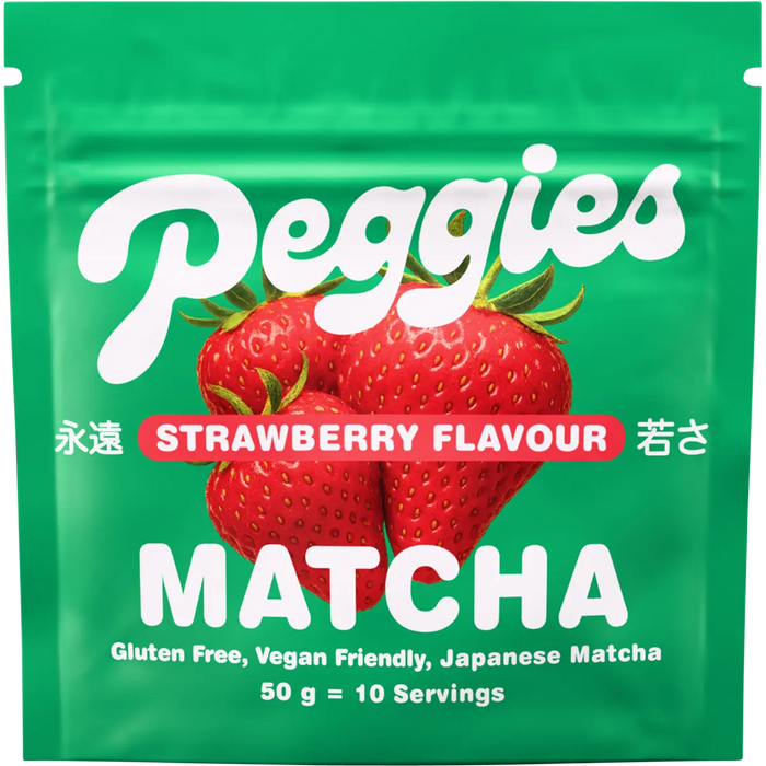 Peggies Matcha Strawberry 50g — front pack image (UHP)