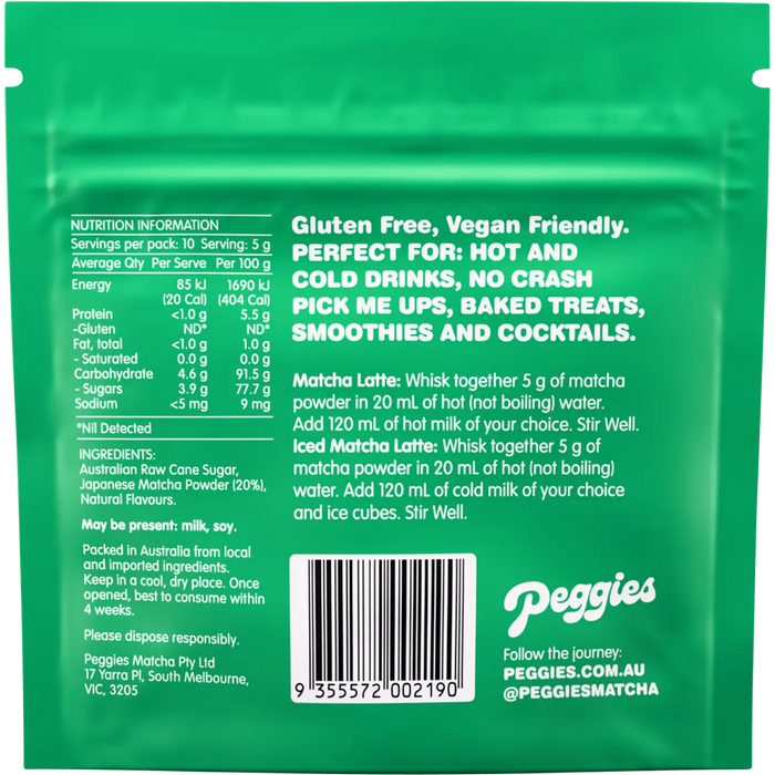 Peggies Matcha Strawberry 50g — back pack image (UHP)