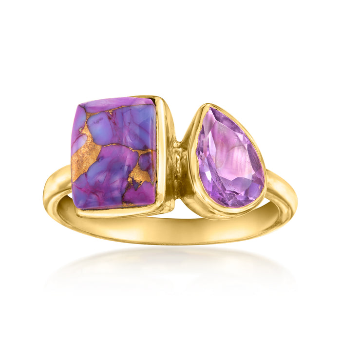 Gold over sterling toi et moi ring with square purple-and-blue gemstone and pear-cut amethyst