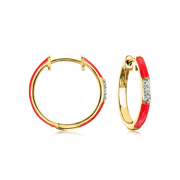 Gold hoop earrings with red enamel and small diamond accents