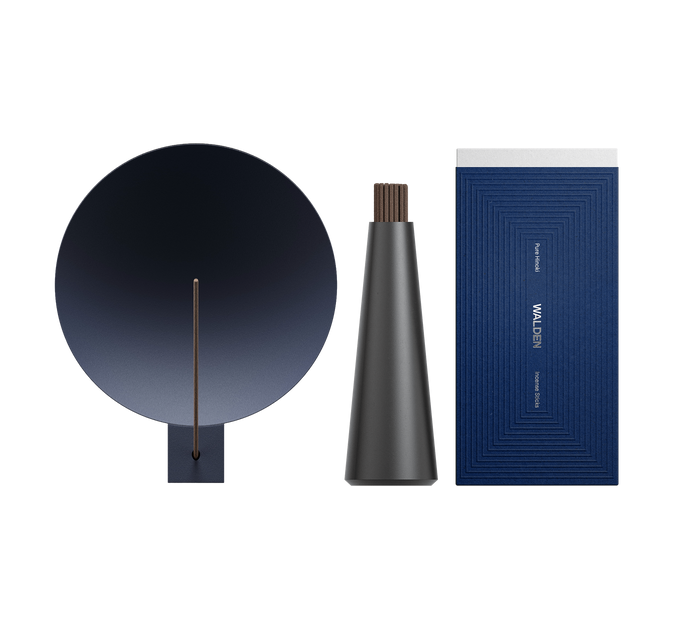 Walden Ritual Incense Set, ultramarine holder, carbon vase, hinoki incense